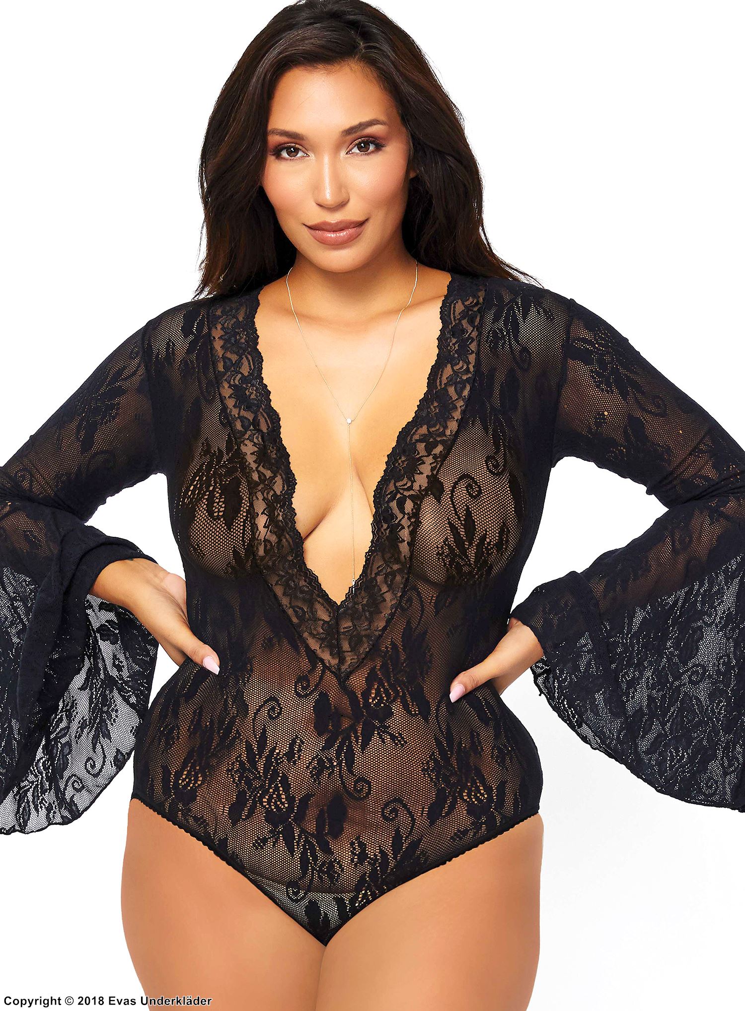 Romantic teddy, stretch lace, deep neckline, bell sleeves, plus size